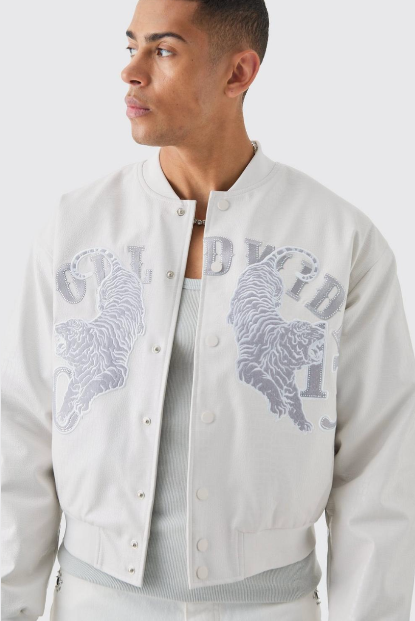 BOXY WORLDWIDE RHINESTONE CROC PU VARSITY JACKET IN WHITE