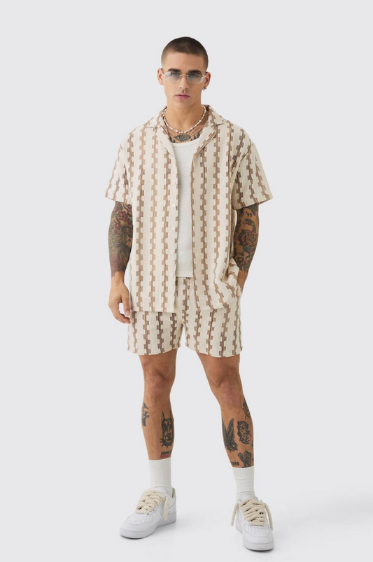 OVERSIZED OPEN WEAVE GEO STRIPE SHIRT AND SHORT