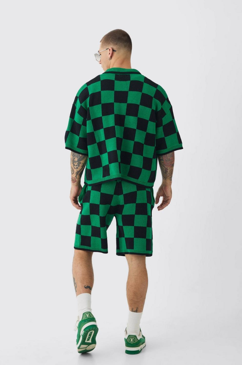 OVERSIZED BOXY OPEN STITCH CHECKED SHIRT & SHORT SET WITH METAL TAB