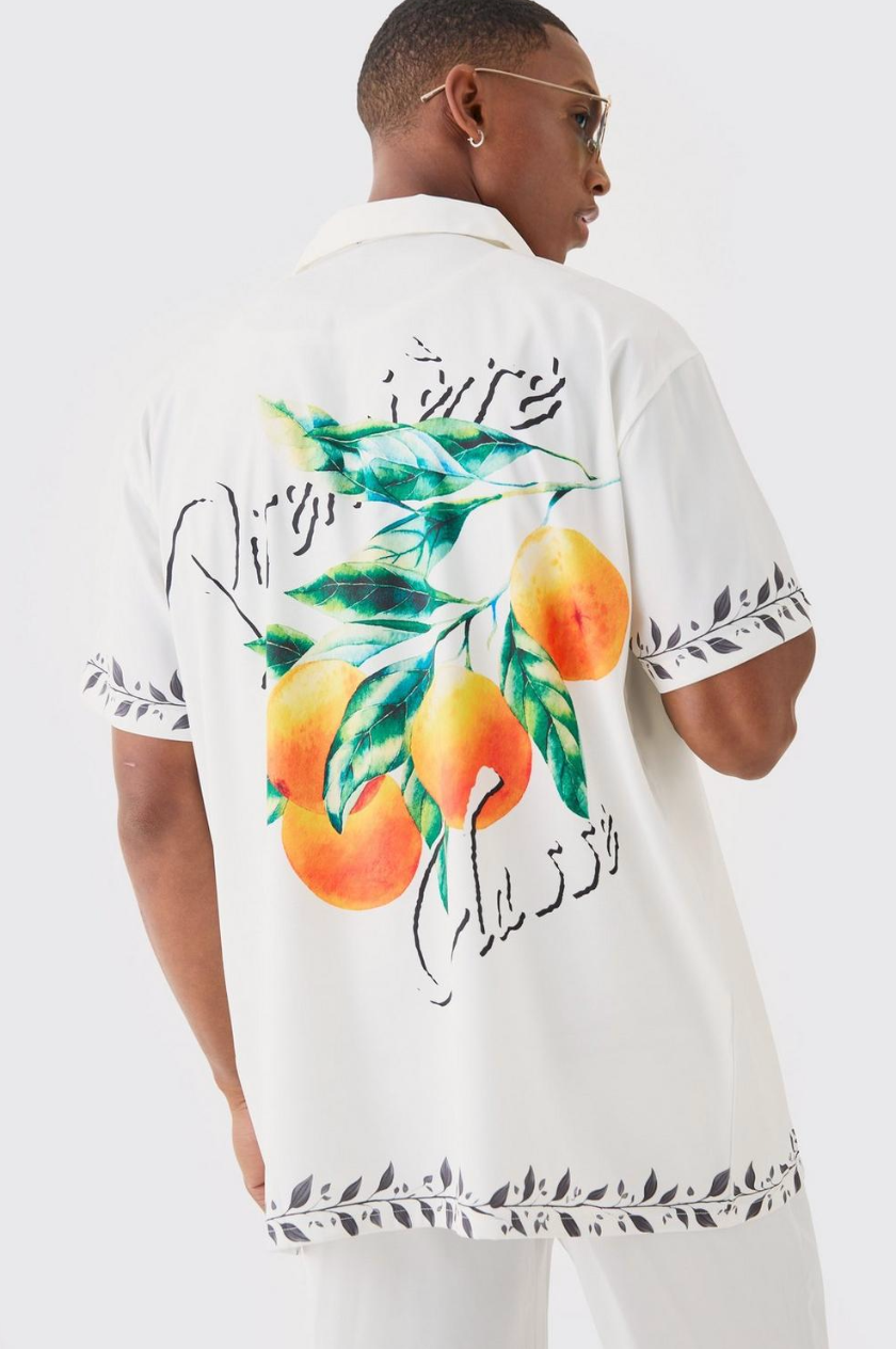 SHORT SLEEVE OVERSIZED BACK PRINT SATIN SHIRT