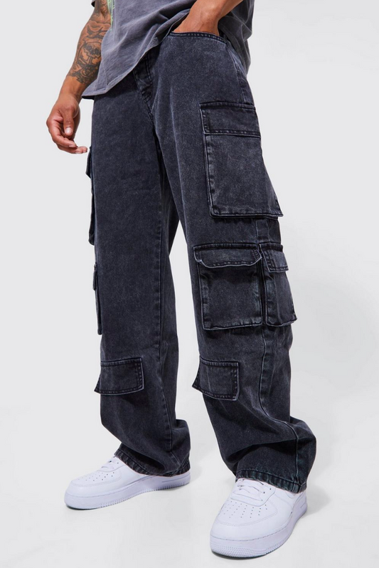 RELAXED FIT ACID WASH CARGO JEANS