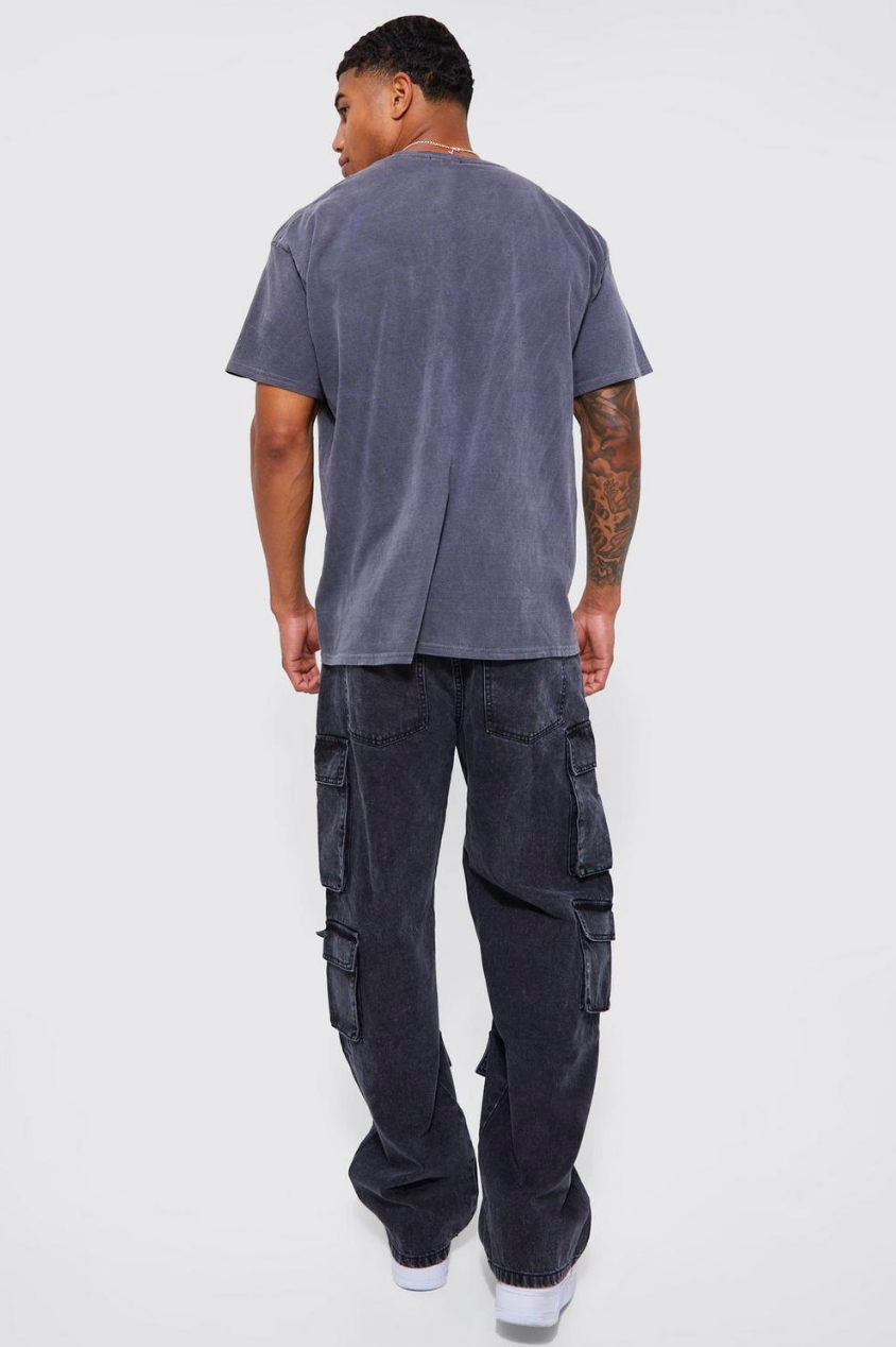 RELAXED FIT ACID WASH CARGO JEANS