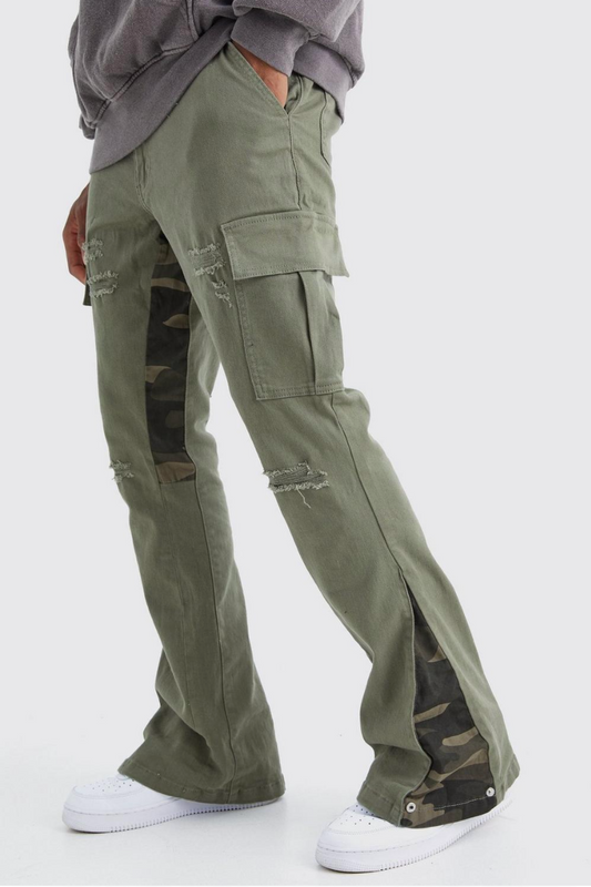 SLIM STACKED FLARE CAMO GUSSET RIP AND REPAIR PANTS