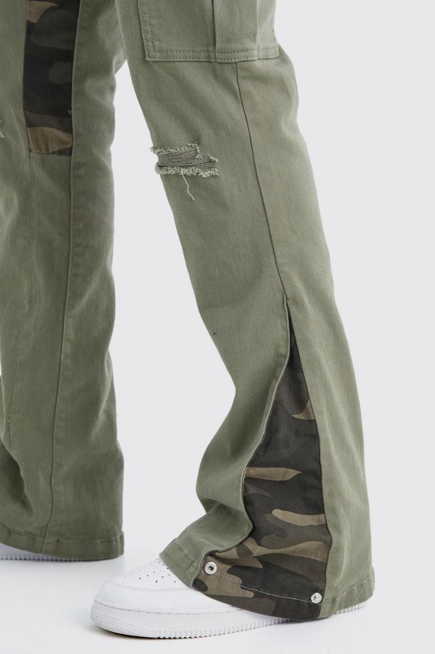 SLIM STACKED FLARE CAMO GUSSET RIP AND REPAIR PANTS