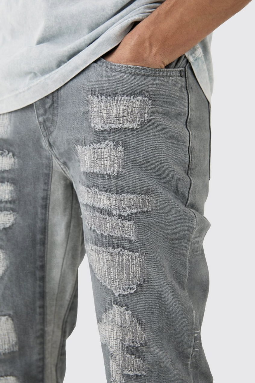 Slim Flare Rigid All Over Rip & Repaired Jeans In Antique Grey