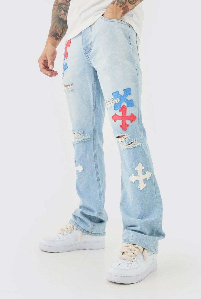 Slim Rigid Flare Applique Jeans In Ice Blue