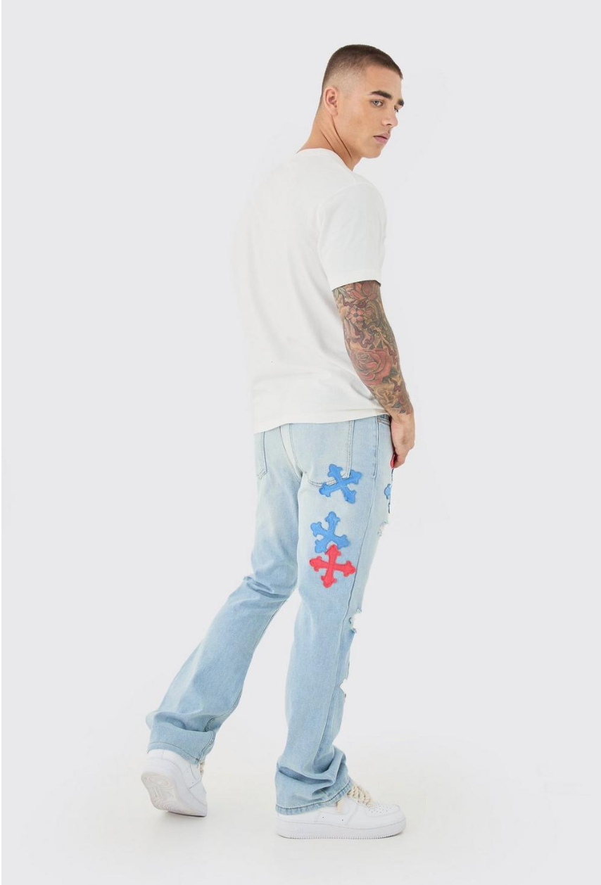 Slim Rigid Flare Applique Jeans In Ice Blue