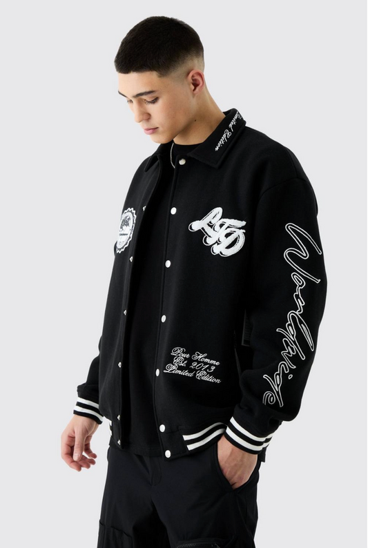 Oversized Embroidered Harrington Jersey Bomber Jacket