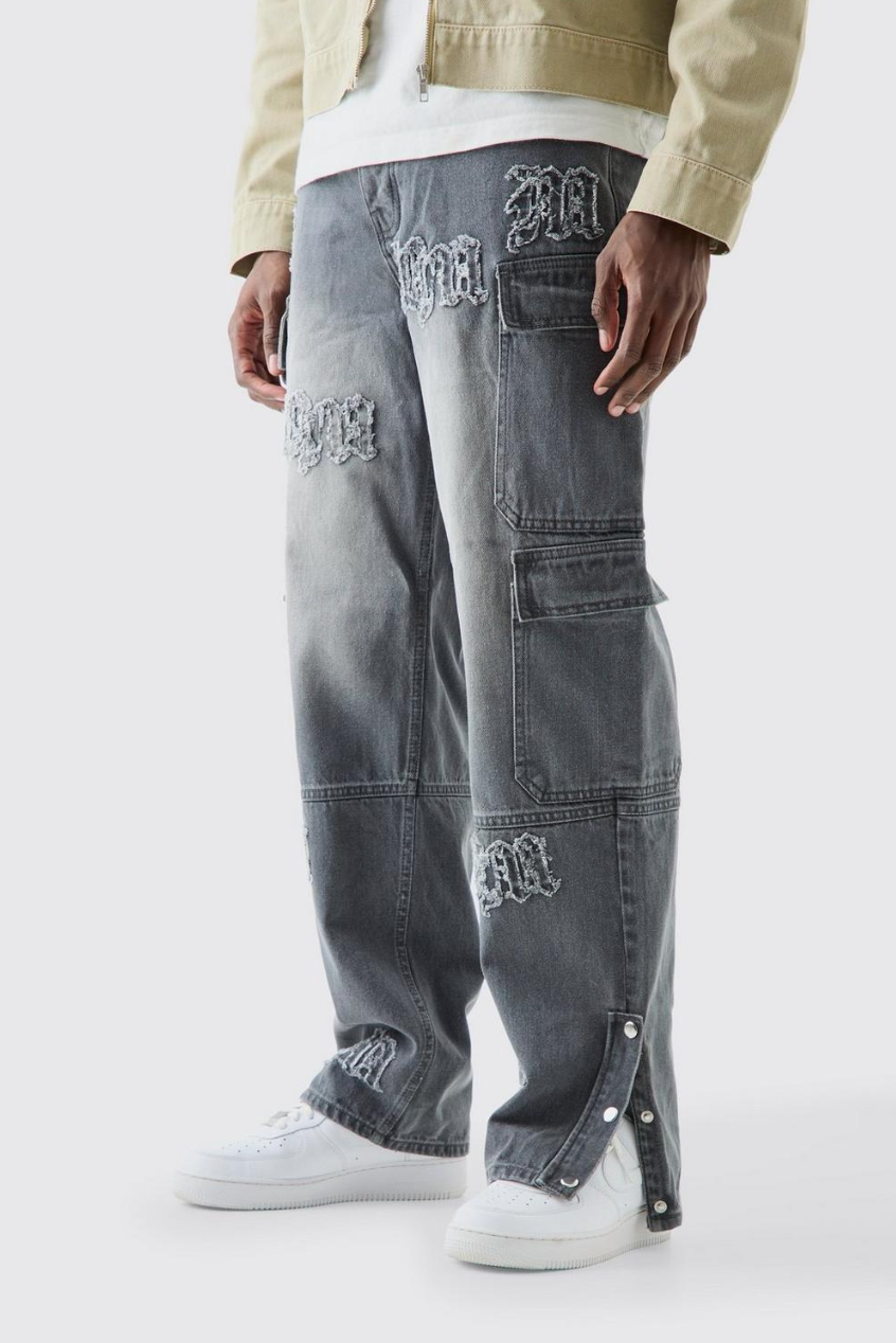 Baggy Rigid Bm Applique Multi Pocket Cargo Jeans In Grey