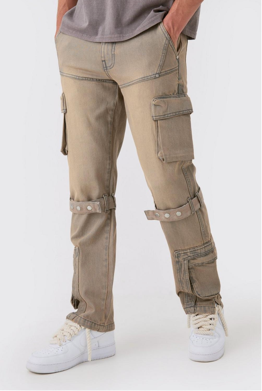 Relaxed Rigid Strap Detail Cargo Jeans In Antique Grey