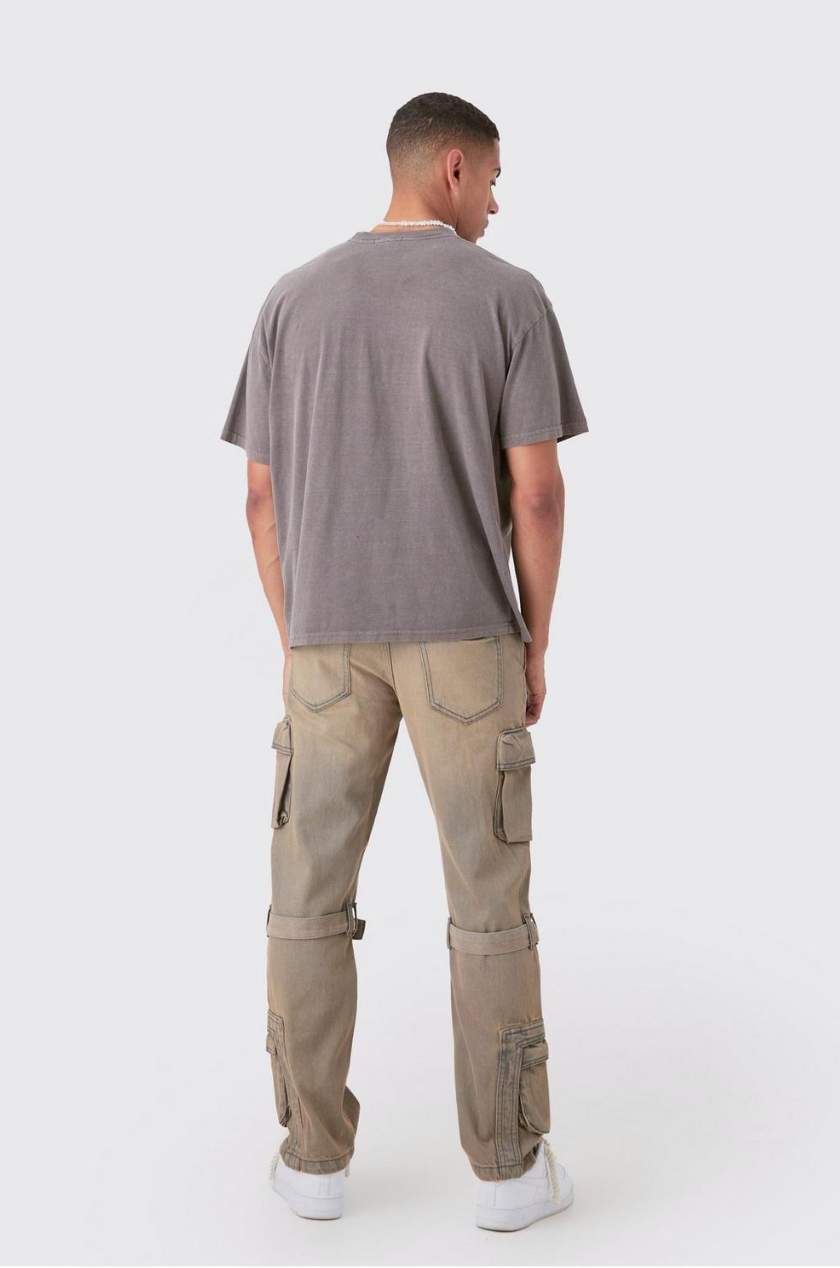 Relaxed Rigid Strap Detail Cargo Jeans In Antique Grey