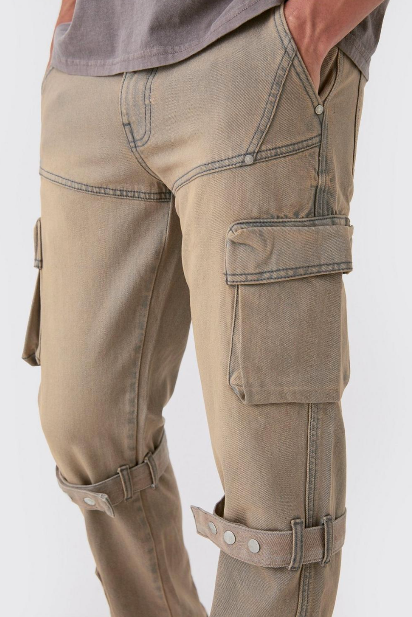 Relaxed Rigid Strap Detail Cargo Jeans In Antique Grey