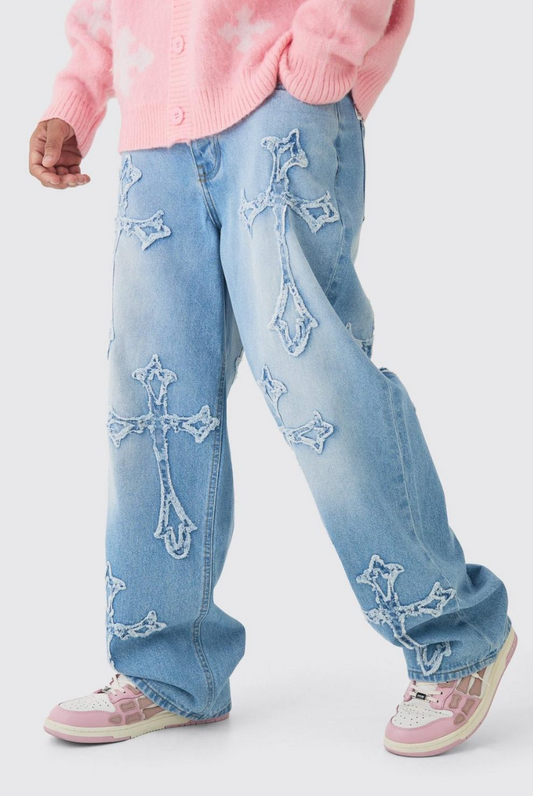 Baggy Rigid Cross Applique Jeans In Light Blue