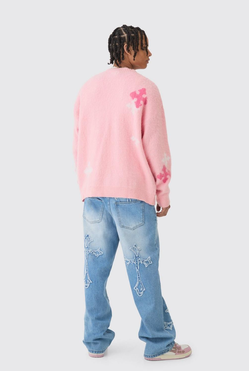 Baggy Rigid Cross Applique Jeans In Light Blue