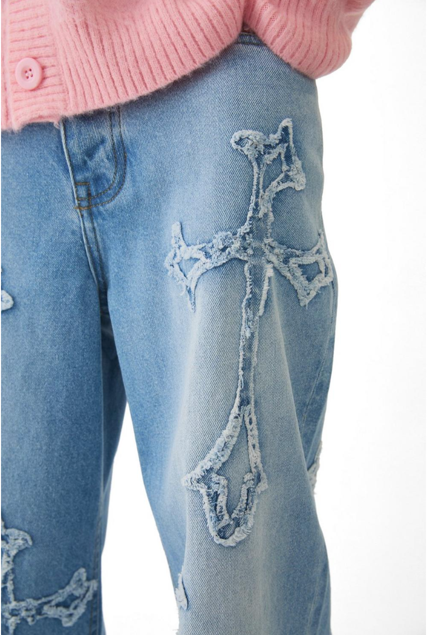 Baggy Rigid Cross Applique Jeans In Light Blue