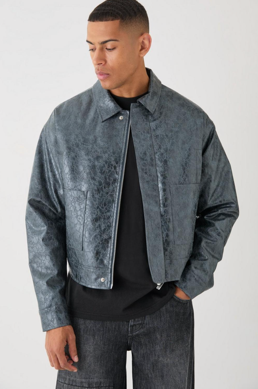 Boxy Textured Pu Harrington In Grey