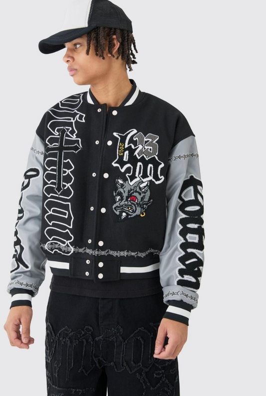 Boxy Limited Badge Pu Sleeve Varsity Jacket In Black