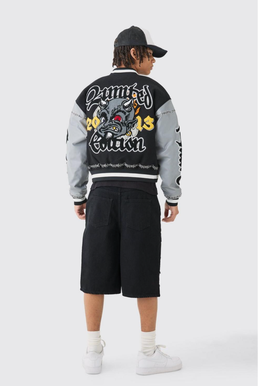 Boxy Limited Badge Pu Sleeve Varsity Jacket In Black