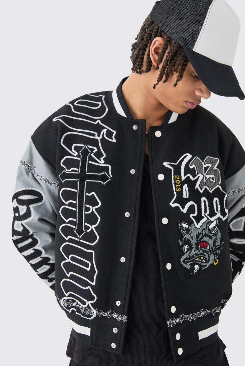 Boxy Limited Badge Pu Sleeve Varsity Jacket In Black