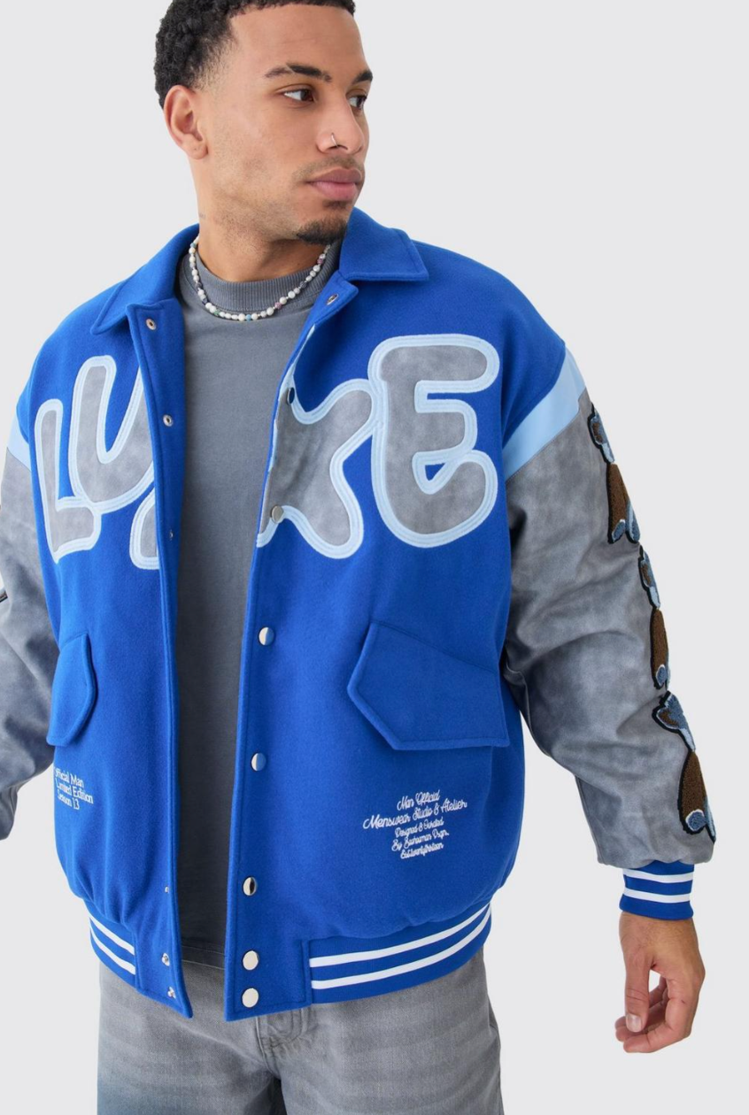 Oversized Washed Sleeve Teddy Varsity Jacket