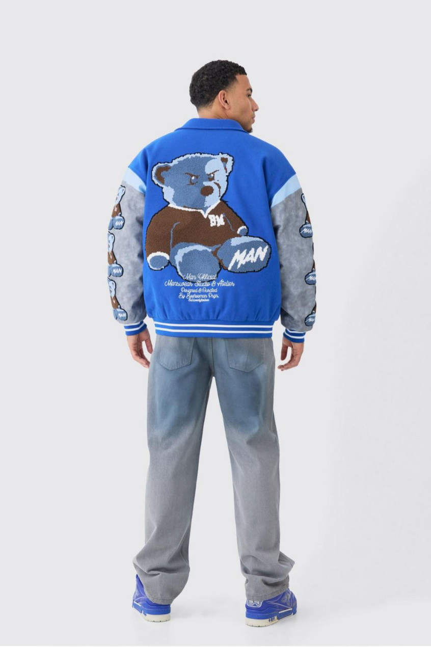 Oversized Washed Sleeve Teddy Varsity Jacket