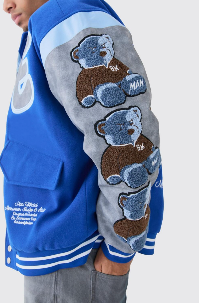 Oversized Washed Sleeve Teddy Varsity Jacket