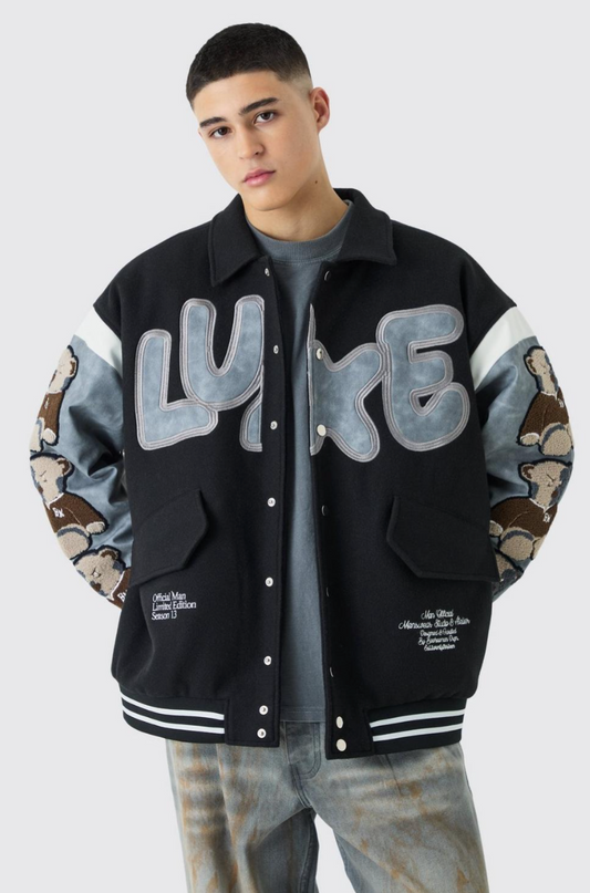 Oversized Washed Sleeve Teddy Varsity Jacket