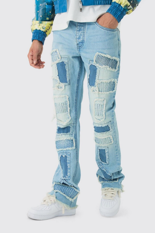 Slim Flared Stacked Rip & Repair Stitch Jeans