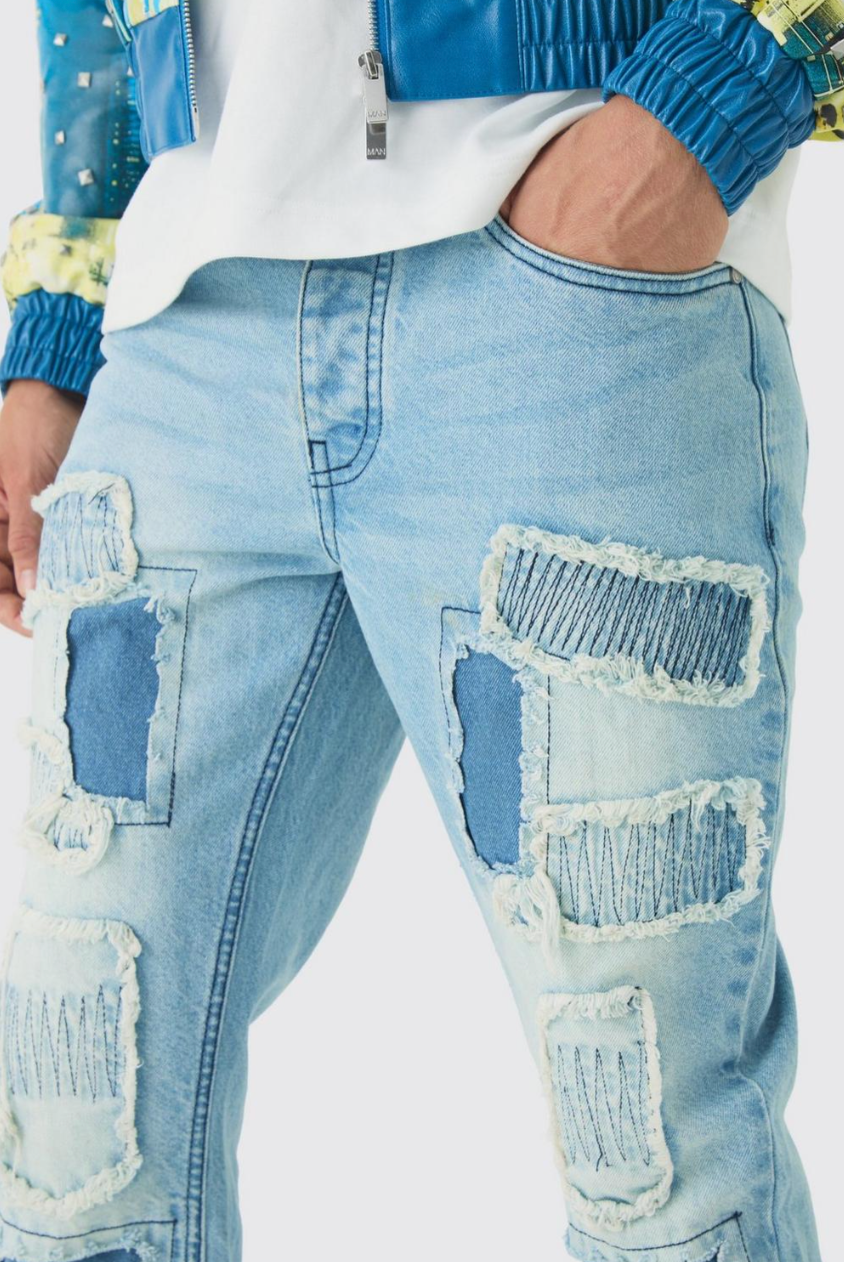 Slim Flared Stacked Rip & Repair Stitch Jeans