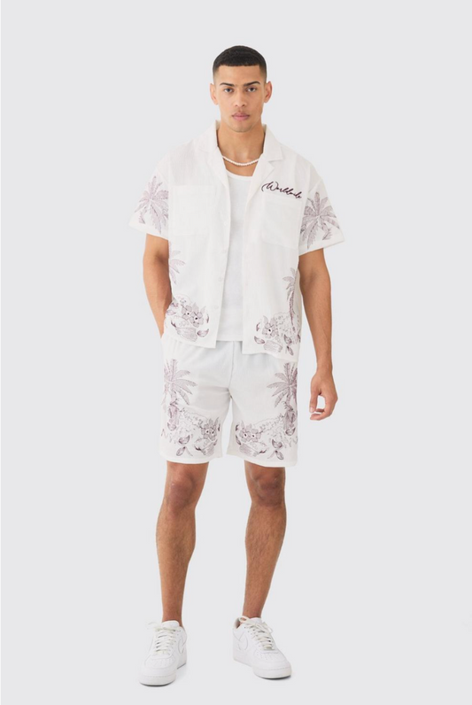 Boxy Seersucker Embroidered Floral Shirt & Short Set