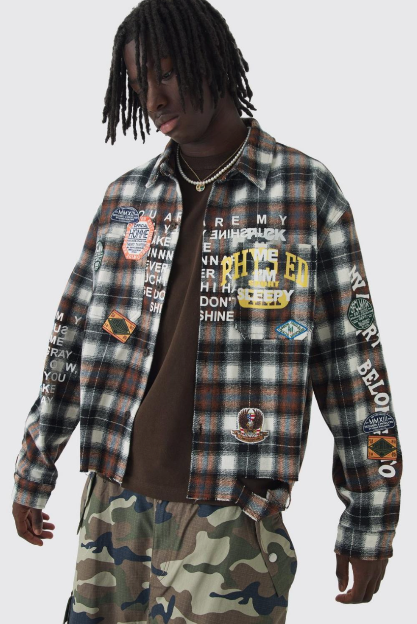 Oversized Boxy Badge Applique Distressed Overdye Flannel Shirt