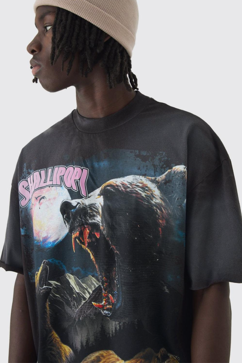 Chocolate Oversized Extended Neck Bear Washed T-shirt