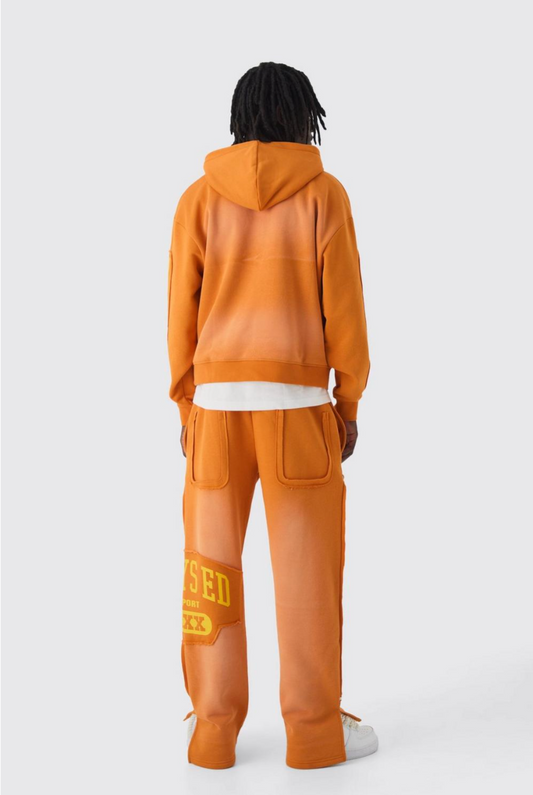 Orange Oversized Boxy Distressed Graphic Brushback Hoodie