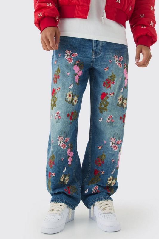 Baggy Fit Rigid Floral Embroidered Jeans