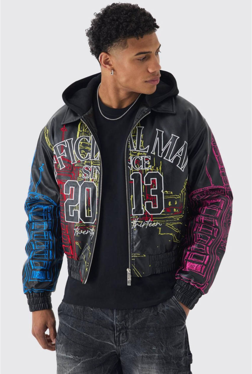 Official Man Boxy Hooded Embroidered PU Bomber Jacket