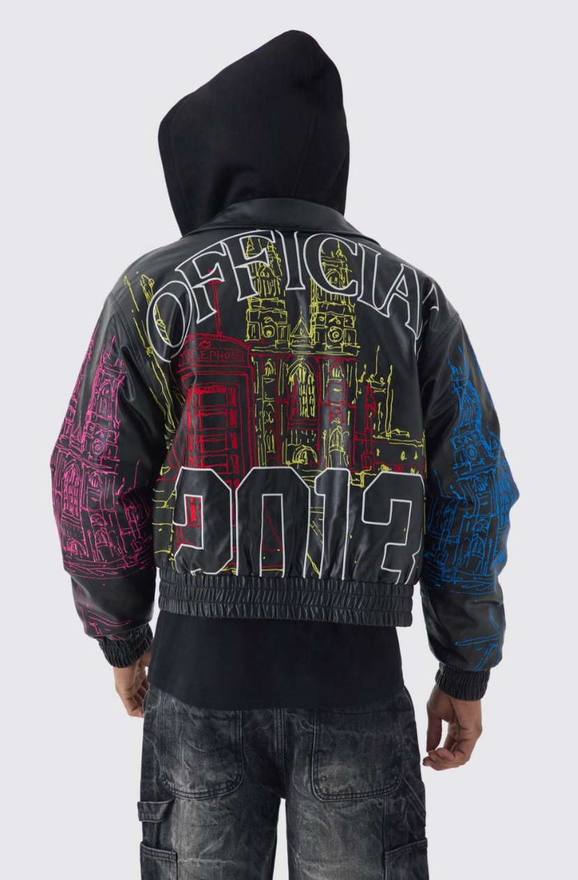 Official Man Boxy Hooded Embroidered PU Bomber Jacket