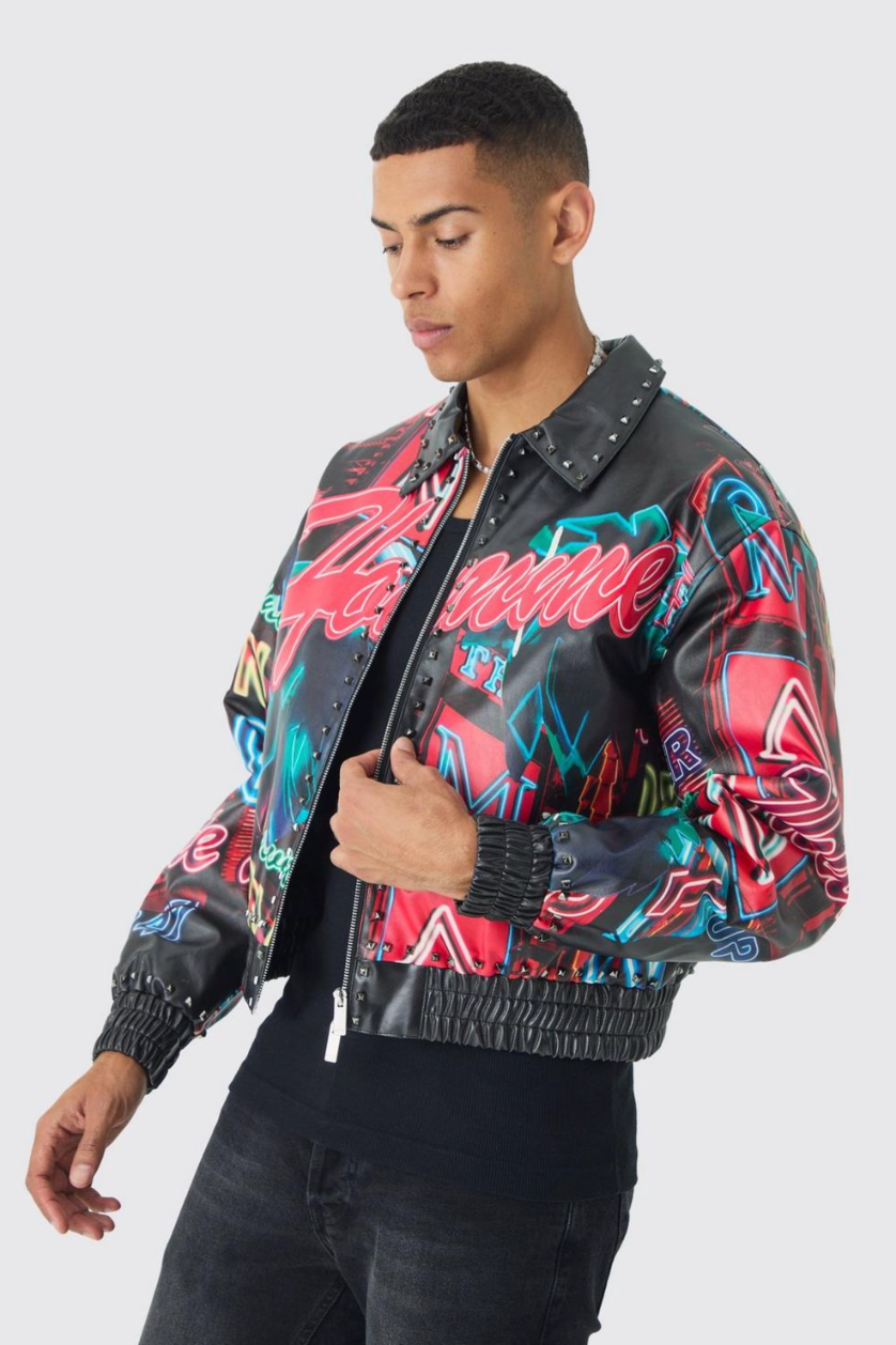 Boxy Homme Stud Detail Printed PU Bomber Jacket In Black