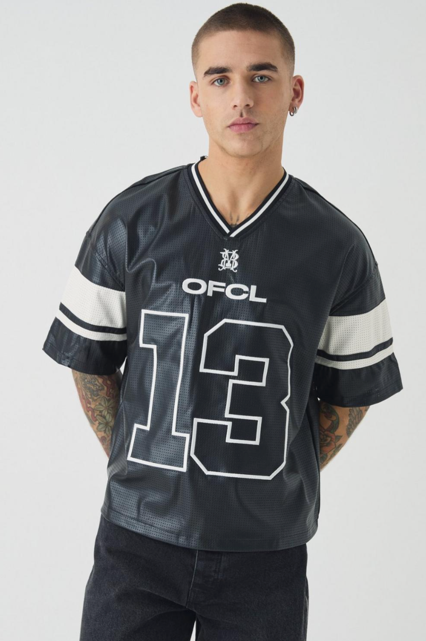 Oversized Boxy Perforated Faux Leather Football Jersey Top