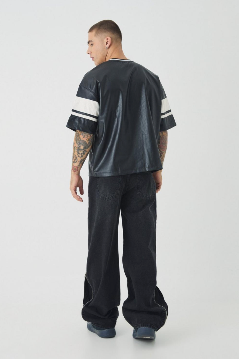 Oversized Boxy Perforated Faux Leather Football Jersey Top