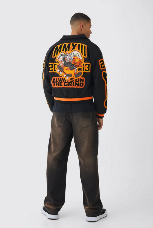 Boxy Badge Collared Varsity Jacket In Black