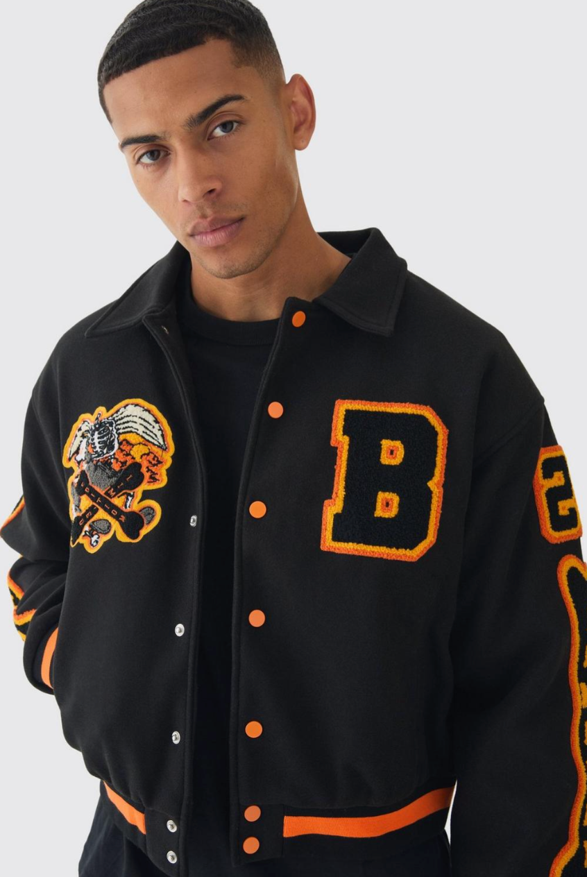 Boxy Badge Collared Varsity Jacket In Black