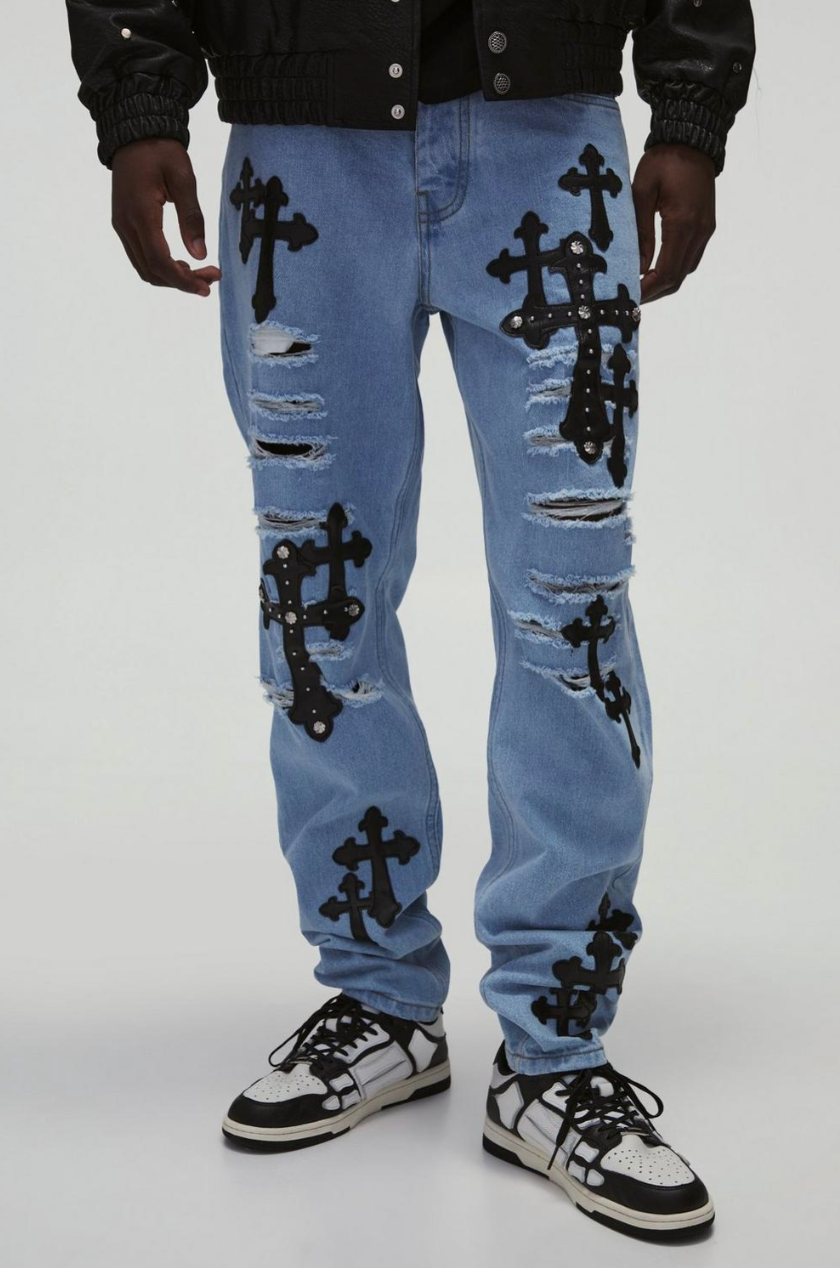 Slim Stacked Studded Cross Applique Ripped Jeans