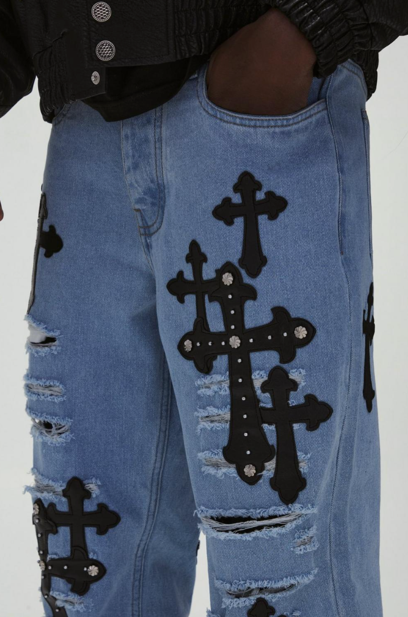 Slim Stacked Studded Cross Applique Ripped Jeans