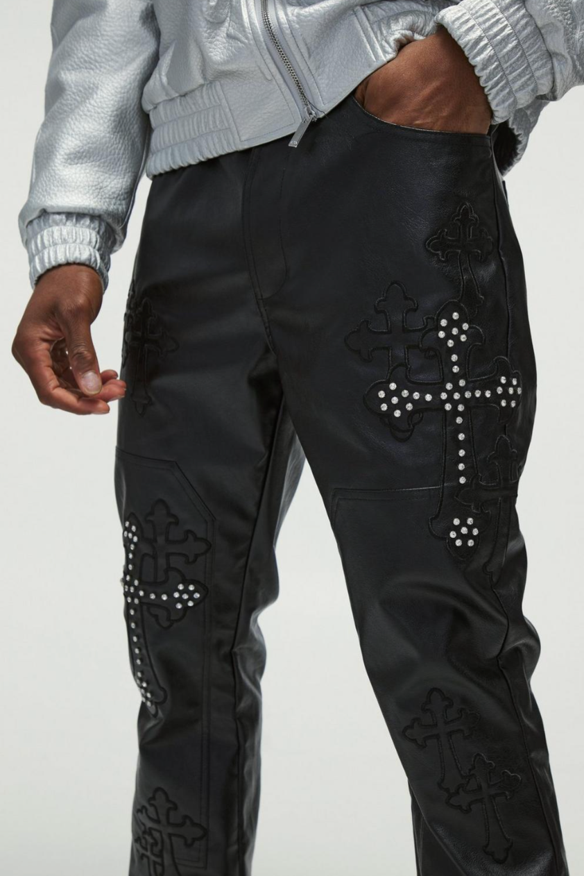 PU Fixed Waist Slim Flare Applique Rhinestone Trouser