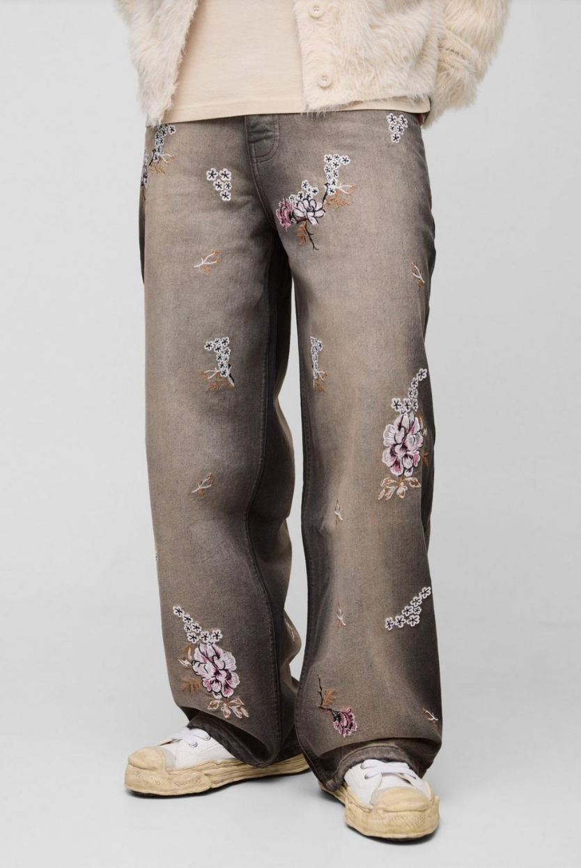 Baggy Rigid Floral Embroidered Jeans