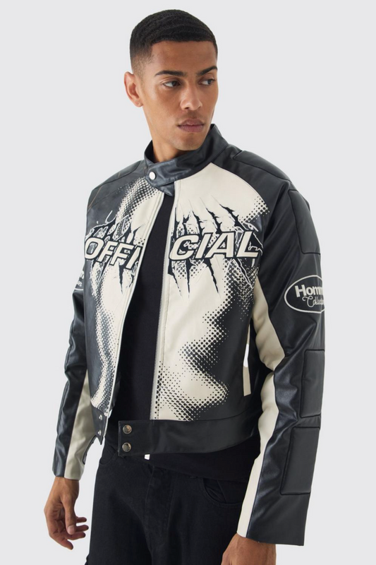 Boxy Official Printed PU Moto Jacket In Black