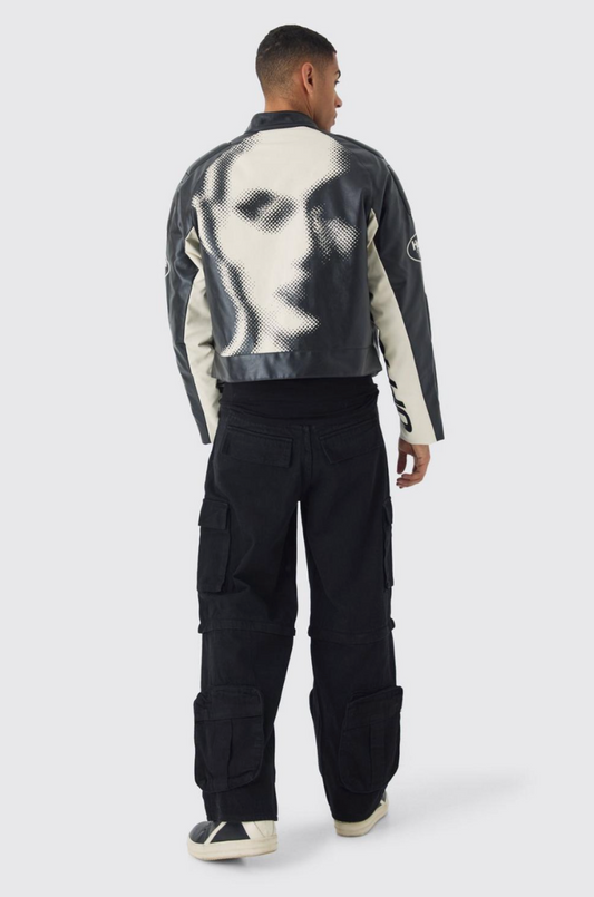 Boxy Official Printed PU Moto Jacket In Black