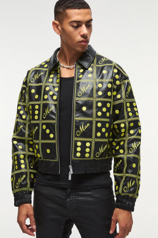 Boxy Man Dice Embroidered PU Bomber Jacket In Black