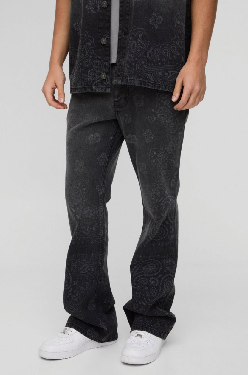 Slim Flared Bandana Laser Print Jeans