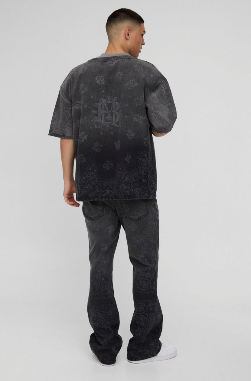 Slim Flared Bandana Laser Print Jeans